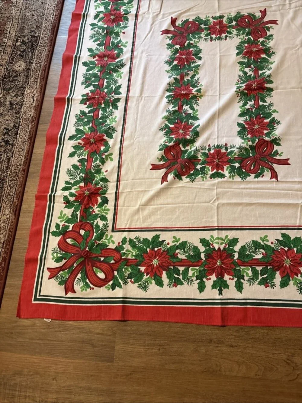 Large Festive Christmas Tablecloth Red Ribbons 65 X 52